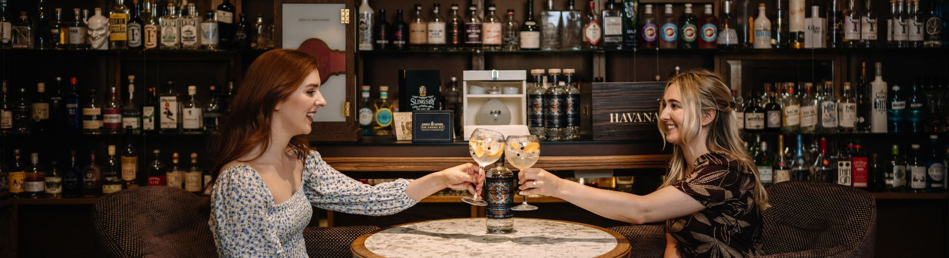 The Setting is Galgorm's Gin Library tow ladies are sitting at a table saying cheers and clinking glasses with simley faces, they are surrounded by shelves of gin