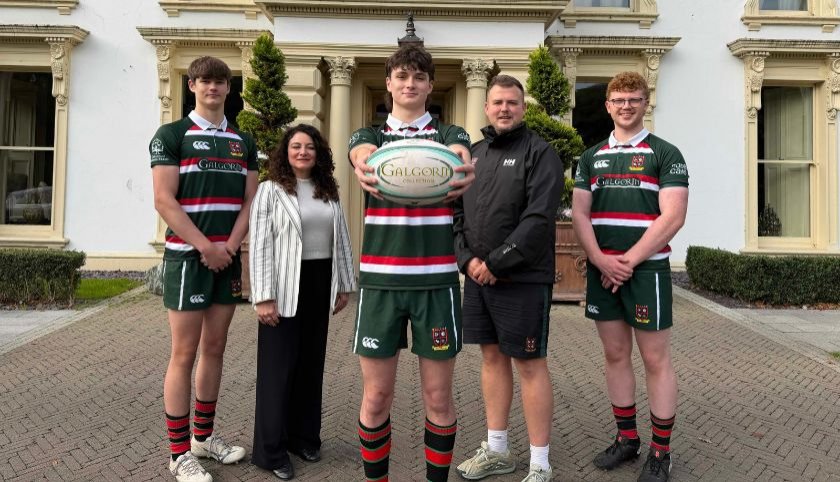 Galgorm Collection has announced a three-year partnership with Cambridge House Grammar School’s rugby team. Pictured are, from left, Charlie Turtle, Georgie Briota, Business Development Manager at Galgorm Collection, Shay Gill, captain, Jordan McKinstry, Head of Rugby at Cambridge House Grammar School and Thomas Caldwell. 